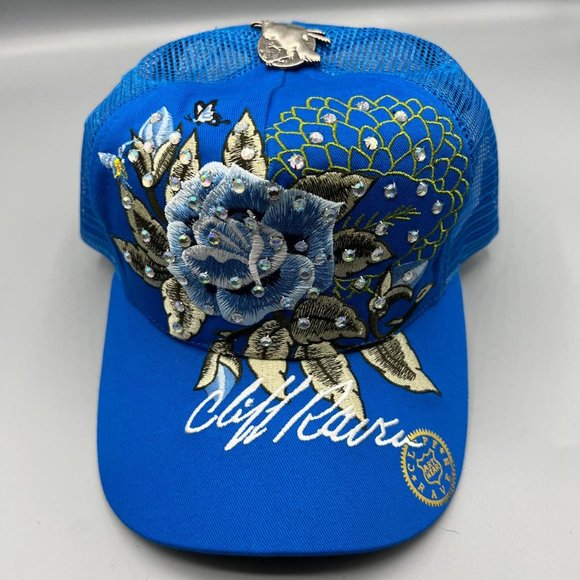 Vintage Cliff Raven Hat Blue Ed Hardy Japanese tattoo Snap back Trucker Cap 90s - Picture 1 of 7